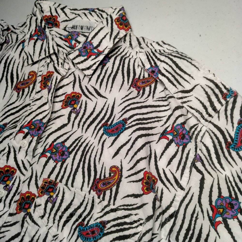 Vintage 1980s Khazana Blouse Shirt Medium Zebra Print Paisley Safari Short Slv - Picture 10 of 13